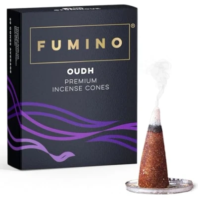 Imagen de Fumino® Oudh Conos de Incienso Fresco 20 por Caja Fragancia Humo Masala Agarbatti para la Relajación, Meditación, Antiestrés Decoración Hogar
