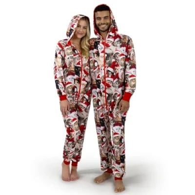 Imagen de Giggling Getup Conjunto de pijama con capucha Navidad estampado gato bonito para mujer, adultos bolsillos, cremallera, talla M