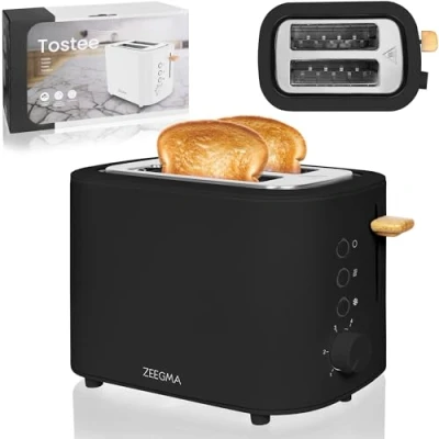 Imagen de ZEEGMA TOSTEE Tostadora 820W para 2 Rebanadas, Función Descongelar y Recalentar, Ranura Ancha, Regulación de Tostado, Bandeja Recogemigas, Diseño Compacto en Acero Inoxidable (Negro)