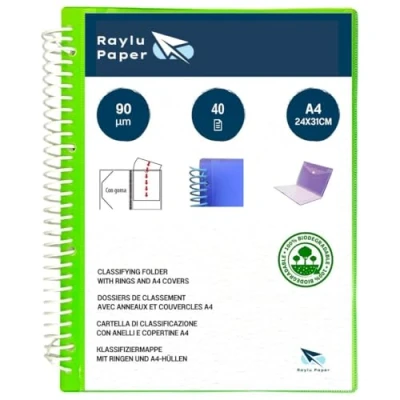 Imagen de Raylu Paper® Carpeta clasificadora con anillas fundas transparentes A4 de 90 micras y sobre cierre velcro, tapa personalizable. 100 % biodegradable. (40 Fundas, Verde)