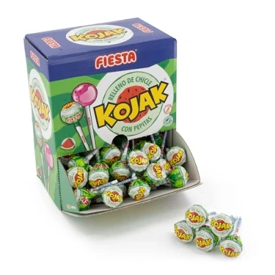 Imagen de FIESTA Kojak Caramelo con Palo Sabor Sandía Relleno de Chicle Caja 100 unidades