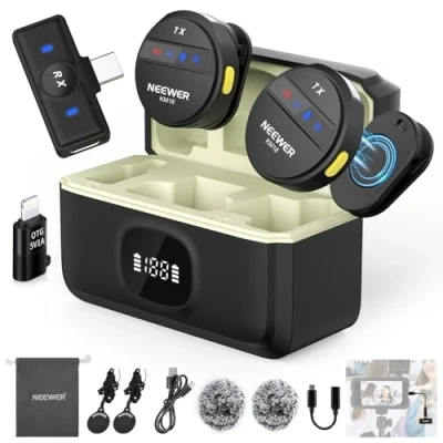 Imagen de NEEWER Micrófono Lavalier Inalámbrico para iPhone Mini Mic Solapa Set Cancelar Ruido y Estuche de Carga USB C OTG Batería 24H 200m Alcance Compatible con 16 15 Android PC Portátil, KM18