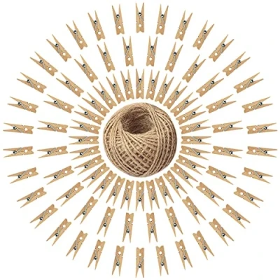 Imagen de jijAcraft Mini Pinzas de Madera Pequeñas Decorativas 3,5 cm, Clip para Colgar Fotos, 30M Cuerda Yute y Manualidades (Marrón)