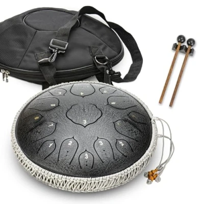 Imagen de RATSTONE Tongue Drum,Handpan Drum,Handpan,Tambor lengüeta de acero, tambor re mayor 14 pulgadas y 15 notas Instrumento percusión con baquetas/estuche (negro)