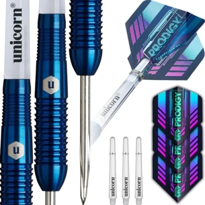 Imagen de Unicorn Juego de dardos U Tech Prodigy Style 2, barriles 95% tungsteno con revestimiento PVD titanio azul marino y anillos agarre intrincadamente mecanizados, vuelos ultrarrápidos duraderos,