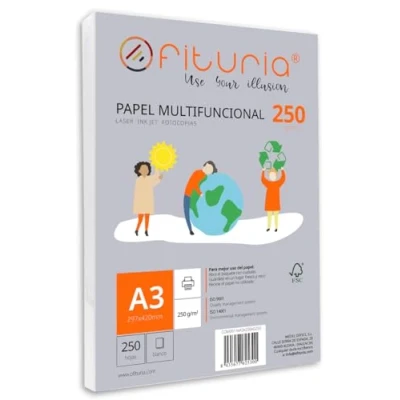 Imagen de Paquete de folios A3 250gr con 250 Hojas Blancas, Papel Multifuncional para Uso Escolar y Entornos Laborales. Ideal impresoras láser, inyección o fotocopiadoras Ofituria