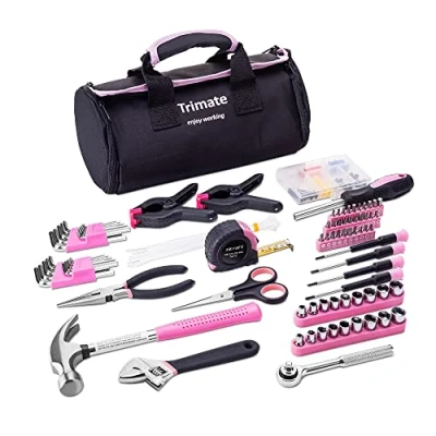 Imagen de Trimate juego de herramientas manuales para el hogar, 86 piezas con bolsa enrollable (martillo, llaves, destornilladores, alicates) Ideal hogar o coche (rosa)