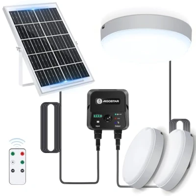 Imagen de Aigostar Luz Solar Exterior con Sensor 70W Plafón LED Techo Interior Caja de Almacenamiento Energía, Mando a Distancia, IP65 Impermeable, Cable 8m, Ajustable 6500K, 2pcs