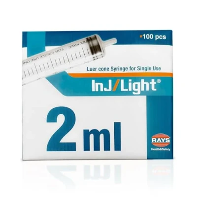 Imagen de Rays Jeringas Desechables de 2 ml Tres Cuerpos con Cono Luer Central sin Aguja Inj/Light Caja 100 Unidades, Esterilizadas Óxido Etileno, Libres Látex