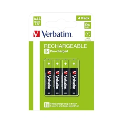 Imagen de VERBATIM Pilas Recargables AAA Premium Pack 4 1.2V 950mAh NiMH HR03 Baja autodescarga Baterías Mignon precargadas para Controladores, Juguetes, cámaras, etc