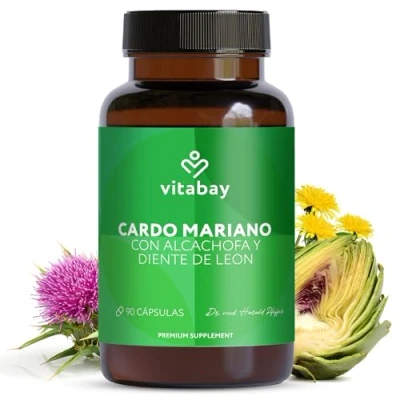 Imagen de Vitabay Cardo Mariano Capsulas Alta Dosis y Veganas 90 de Alcachofa Diente Leon con el Principio activo Silimarina Milk Thistle Capsules probadas en Laboratorio