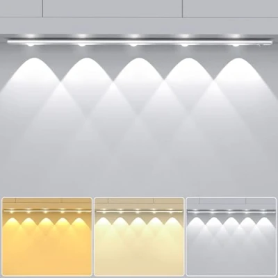 Imagen de OUILA 55cm Küchenbeleuchtung Schrankbeleuchtung LED mit Bewegungsmelder, 1950mAh USB Aufladbar Dimmbar Unterbauleuchte Licht Nachtlicht für Schrank, Treppe, Dekorationsleuchten
