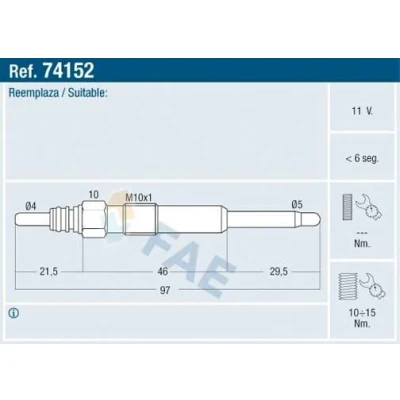 Imagen de FAE 74152 Bujía de precalentamiento 11V M 10x1 VOLKSWAGEN: Golf 4, Multivan 5 (7HM, Transporter 5, SEAT: Leon I Hatchback, Ibiza 3, Alhambra