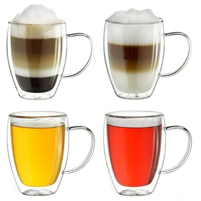 Imagen de Creano vaso térmico de doble pared con asa 400ml, grande vidrio borosilicato, vasos para café, té, café leche 4x 400ml 4 piezas (paquete 1)