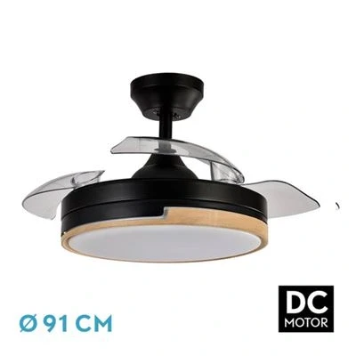Imagen de Abrila Ventilador DC OLIMPIA Color Negro/Madera con tres Aspas Desplegables 6 Velocidades Ajustables 3 Temperaturas de Luz Mando a Distancia Incluido
