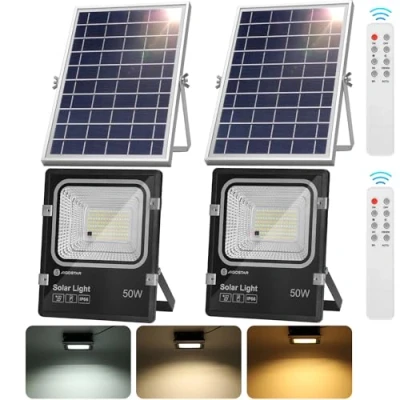 Imagen de Aigostar Foco solar exterior con mando a distancia,50W,regulable 3000/4000/6500K.Panel y batería de gran capacidad.Cable 2m.Uso interior/exterior IP66: jardín,patios,garaje,2 piezas