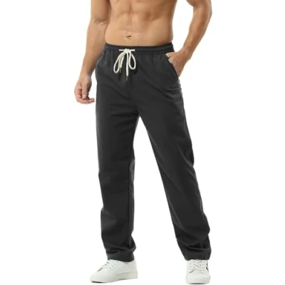 Imagen de Hoerev Pantalones de Lino Informales Verano para Hombre Estilo Playero,Negro,XXX Large