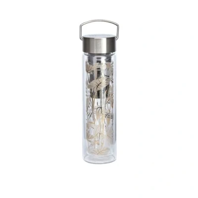 Imagen de Eigenart Flowtea Tropic Summer 50021 Botella de agua doble pared vidrio borosilicato con tapa acero inoxidable, funda neopreno y colador, sin BPA, 400 ml