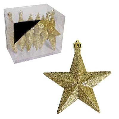 Imagen de Lote de 6 estrellas 3D brillantes colgantes para árbol Navidad 10 cm, en color rojo, dorado o plateado (dorado)