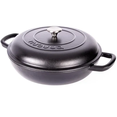 Imagen de Cacerola de hierro fundido poco profunda con tapa, olla horno holandés antiadherente, apta para hasta 500 F, utensilios cocina resistentes a prueba horno, esmaltada, color negro,
