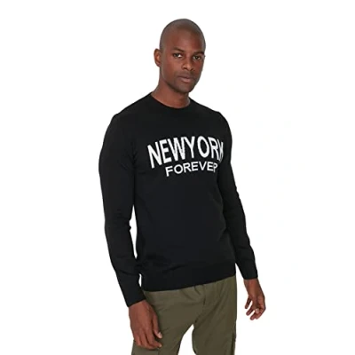 Imagen de Trendyol Suéter Ajustado Liso con Cuello Redondo Sudadera, Negro, XL para Hombre