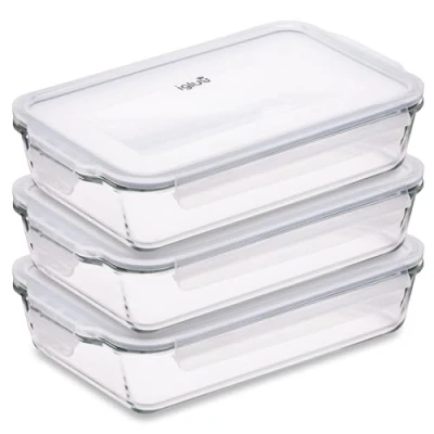 Imagen de Igluu Meal Prep Plato de vidrio para el horno con tapa hermética Gran bandeja rectangular hornear Libre BPA, apto microondas, congelador y lavavajillas 2.2L 3 juegos