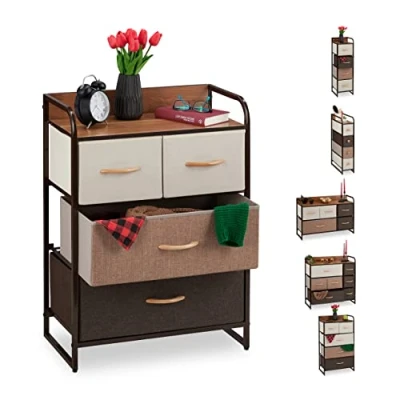 Imagen de Relaxdays Mueble Modular, 4 Cajones, Balda, Cestas Plegables, Cómoda de Tela, 79 x 58 31,5 cm, Marrón