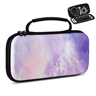 Imagen de TiMOVO Funda Compatible con Nintendo Switch/Switch OLED Modelo 2021, Estuche de PU Transporte 10 Cartuchos Juegos para Consola, Adaptador CA, Cable HDMI, Joycon y Correa, Acuarela Violeta