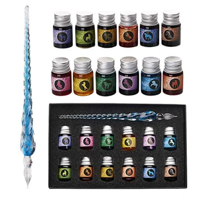 Imagen de mancola Juego de bolígrafos cristal hechos a mano con 12 tintas coloridas para arte, firmas, caligrafía, dibujo, decoración, regalo principiantes y artistas, Ma 13