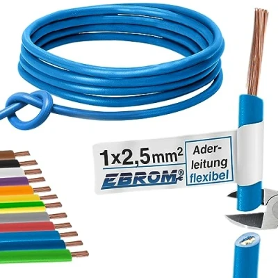Imagen de Cable de cableado flexible PVC H07V K 2,5 mm² Color: azul claro muchas longitudes disponibles en incrementos 5 metros, su longitud: 25 m