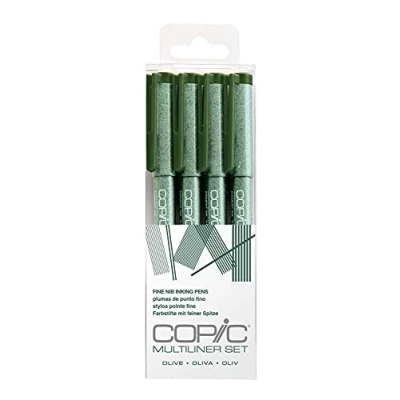 Imagen de COPIC Multiliner Set, Oliva, 4 Fineliners en diferentes grosores de trazo, rotuladores dibujo con punta fina y tinta pigmentada resistente al agua