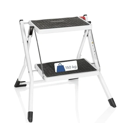 Imagen de hjh OFFICE 801200 Escalera portátil de 2 Pasos con asa Solid W1 Acero Blanco Taburete Plegable Doble Lado, Delgada para el hogar