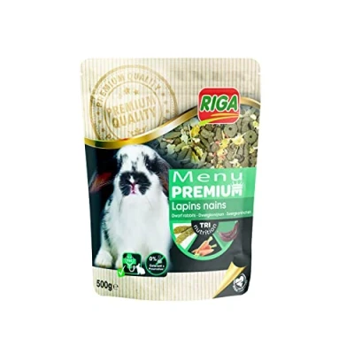 Imagen de Riga Menú Premium, Pienso para Conejos Enanos Mezcla de Semillas, Cereales, Frutas y Verduras Concepto Tri Nutrición Rico en Vitaminas Minerales 500 g