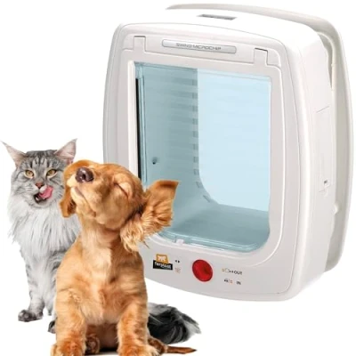 Imagen de Ferplast Gatera con Microchip, Puerta para Gatos y Perros Pequeños, Collar Incluido, Entrada Salida controlables 4 vías, Protección contra Corrientes de Aire, Swing Microchip Tamaño Mediano, Blanco