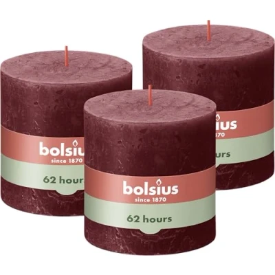 Imagen de Bolsius Rustik Vela XXL Velvet Red 3 unidades 10 x cm Velas decorativas para el hogar Duración de combustión 62 horas Sin perfumar Cera vegetal natural aceite palma