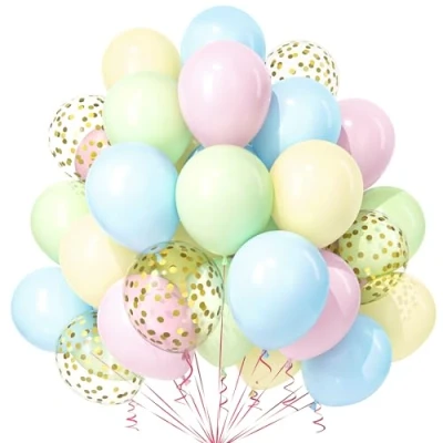 Imagen de Teselife Globos Pastel, 30Piezas Rosa Azul Verde Amarillo Macarrón Oro Confeti Globo Latex Helio Niña Niño Cumpleaño Compromiso Aniversario Boda Despedida Soltera Valentín Tema Arcoiris Dulces Decora