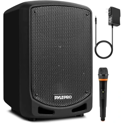 Imagen de PYLE Sistema de Altavoces, Portatil, Karaoke, Microfono inalambrico, Exteriores, Interiores, Lector USB/SD, Grabacion Audio, Bateria Recargable, Color Negro