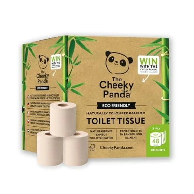 Imagen de The Cheeky Panda Papel higiénico de bambú, 48 rollos, 3 capas, 200 hojas por rollo, sin aditivos, biodegradable