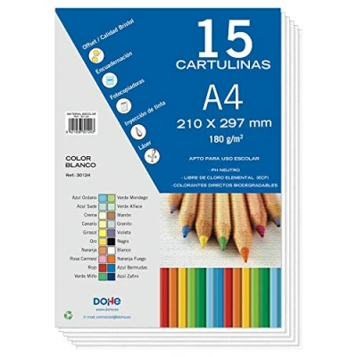 Imagen de Dohe Cartulinas A4 Blancas para Manualidades e Impresión (15 uds.) 21x29,7 cm 180 g/m² Material de oficina