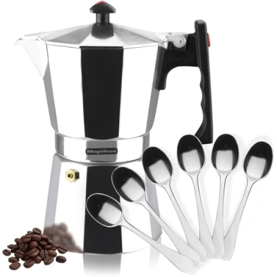 Imagen de MAGEFESA ® Colombia cafetera italiana con capacidad para 9 tazas, 450 ml, fabricada en aluminio extra grueso, apta todo tipo de cocinas, EXCEPTO INDUCCION (Cafetera tazas + 6 cucharas moka)
