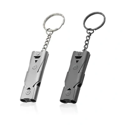 Imagen de 2 silbatos de emergencia acero inoxidable, silbato con llavero, seguridad, supervivencia al aire libre, adecuado para aventuras entrenamiento competición,