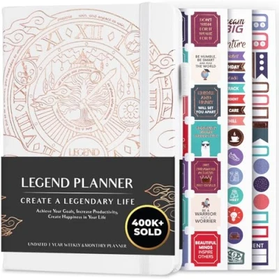 Imagen de Legend Planner Planificador de vida semanal y mensual lujo para alcanzar tus metas vivir más feliz. Organizador, cuaderno productividad A5, Sin fecha Blanco