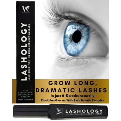 Imagen de Lashology Eyelash Growth Mascara en Black, Lash Serum dentro de una máscara para pestañas más gruesas, fuertes, completas y largas