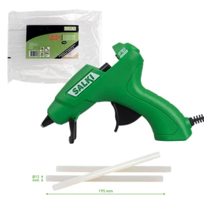 Imagen de SALKI Pack Pistola de Encolar 40W Aplicador Silicona Caliente con Soporte y Sistema Comfort + Bolsa 1Kg Barras Cola Tranlúcida 11,5mm Diámetro