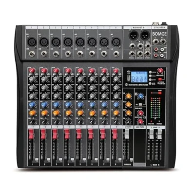 Imagen de Consola mezcladora de audio BOMGE 8 canales con Bluetooth USB, entrada grabación para PC, conector micrófono XLR, fuente alimentación 48 V, apta profesionales y principiantes