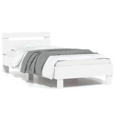 Imagen de vidaXL Estructura de Cama con Cabecero y Luces LED, Somier Invitados, Armazón Marco Cama, Mueble para Dormitorio, Blanco 75x190 cm