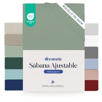 Imagen de Dreamzie Sabanas 100x200 cm Esquinas de 35 para Colchones Gruesos 100% Microfibra, Verde Claro, Certificada sin Productos Químicos (Oeko Tex), Bajeras Completamente Elásticas