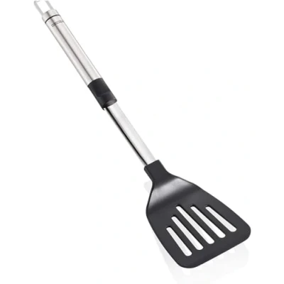Imagen de Leifheit Espátula de acero inoxidable y nailon para cocinar sin rayar el revestimiento las sartenes, espumadera con cómoda empuñadura ovalada, plateada negra