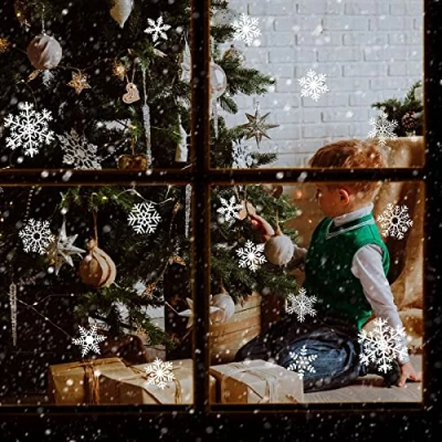Imagen de 60 pegatinas reutilizables de copo nieve para ventana, copos blancos, calcomanías nieve, Navidad, decoraciones Navidad niños, ventana