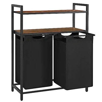 Imagen de VASAGLE Cesto para Ropa Sucia, Cesta Colada con 2 Bolsas Extraíbles, Estantes, Bolsa Extraíble y Desmontable, 46 L por Bolsa, Baño, Lavandería, Marrón Rústico Negro BLH211B01
